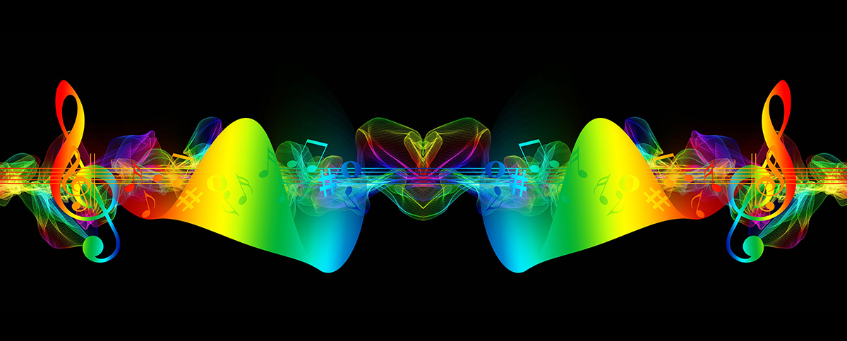 colorful whimsical treble clef staff with notes and symbols