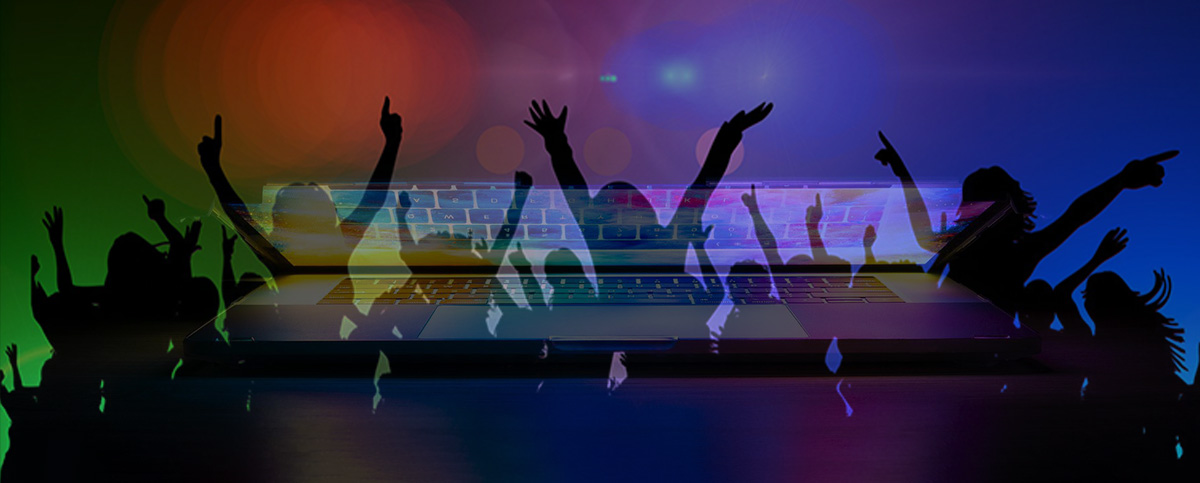 colorful laptop superimposed on silhouette of lively people