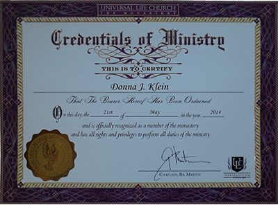 Donna's credentials to perform weddings