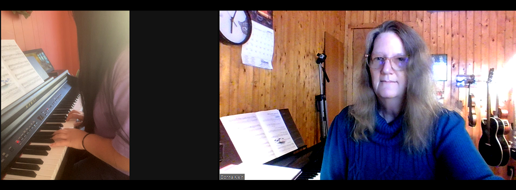 piano student and Donna on an online lesson through Zoom