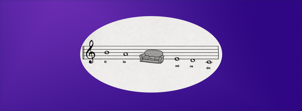 musical scale from higher to lower notes with solfege syllables sol and fa replaced by a sofa